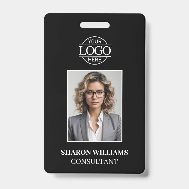 Modern Black and White Minimalist Employee Photo ID Badge (Front)