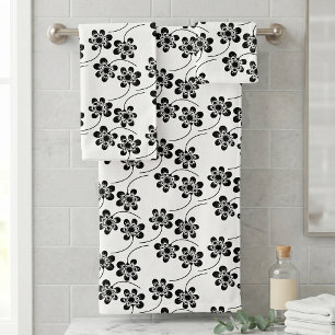 Modern Black and White Minimalist Floral Pattern Bath Towel Set