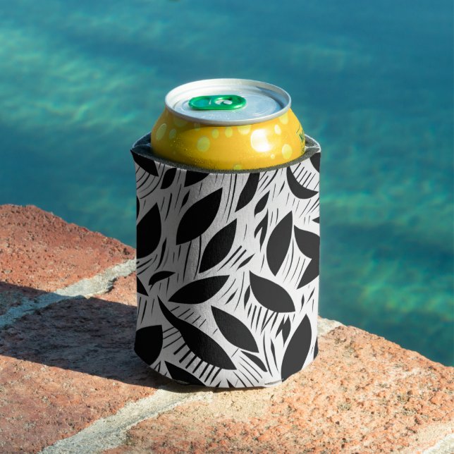 Modern Black and White Minimalist Leaf Pattern Can Cooler (In Situ Pool)