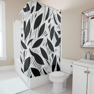 Modern Black and White Minimalist Leaf Pattern Shower Curtain