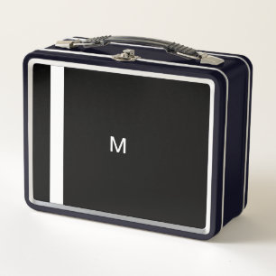 Modern Black and White Minimalist Monogrammed Metal Lunch Box