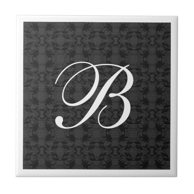 Modern Black And White Monogram Ceramic Tile (Front)