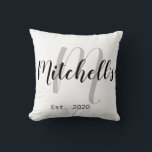 Modern Black and White Monogram Cushion<br><div class="desc">A modern customisable family name monogram pillow perfect for newlyweds.</div>