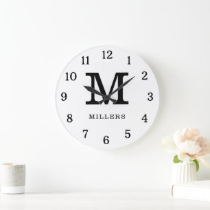Modern Black And White Monogram Family Name  Large Clock