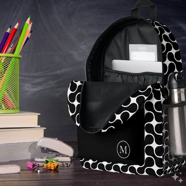 Modern Black and White Monogram Geometric Printed Backpack (Creator Uploaded)