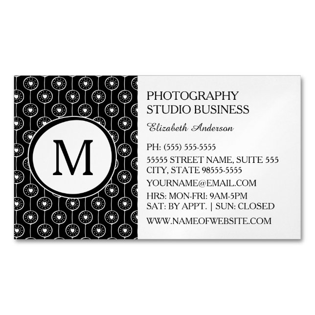 Modern Black and White Monogram Hearts Pattern Magnetic Business Card (Front)