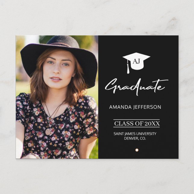 Modern black and white monogram photo graduation announcement postcard (Front)
