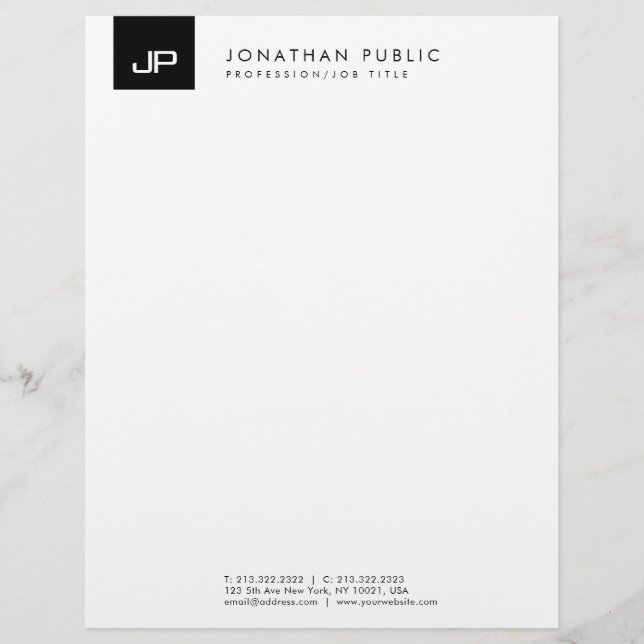 Modern Black And White Monogram Simple Template Custom Letterhead (Front)