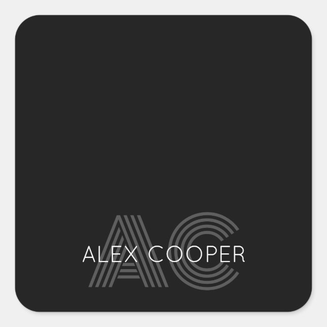 Modern Black and White Monogram Square Sticker (Front)