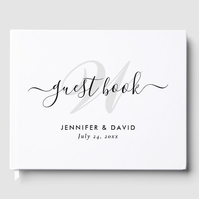 Modern Black and White Monogram Wedding Guest Book (Front)
