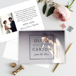 Modern Black and White Monogram Wedding Photo Thank You Card