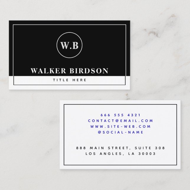 Modern Black and White Monogrammed Calling Card (Front/Back)