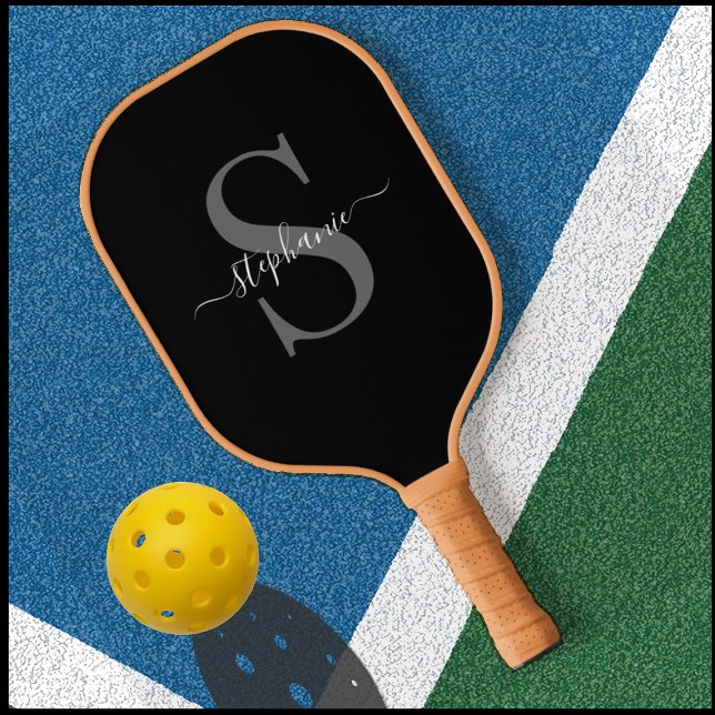 Modern Black and White Monogrammed Initial + Name Pickleball Paddle (Creator Uploaded)