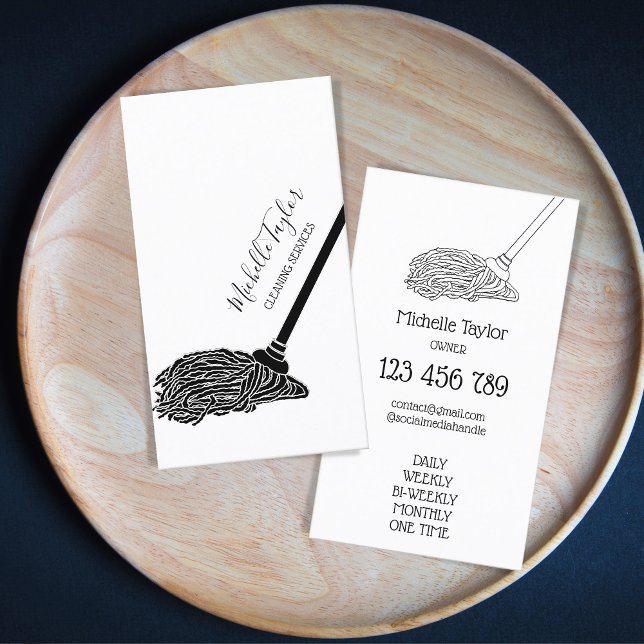 Modern Black and White Mop Cleaning Services Maid Business Card (Modern Black and White  Cartoon Mop Cleaning Services Logo 
Artwork by Savanamm)