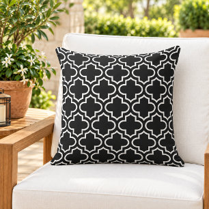 Modern Black and White Moroccan Quatrefoil Pattern Cushion