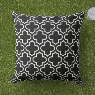 Modern Black and White Moroccan Quatrefoil Pattern Cushion