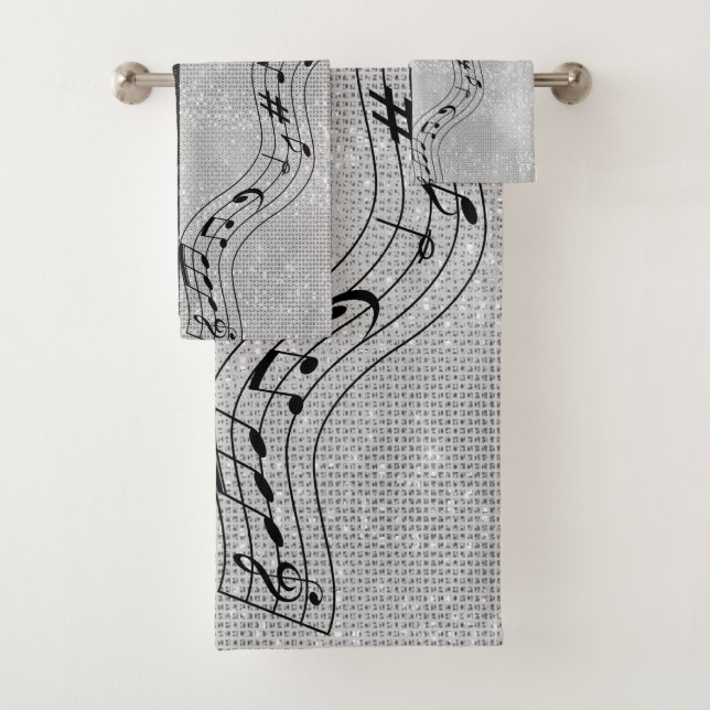 Modern Black and White Musical Notes Bath Towel Set (Insitu)