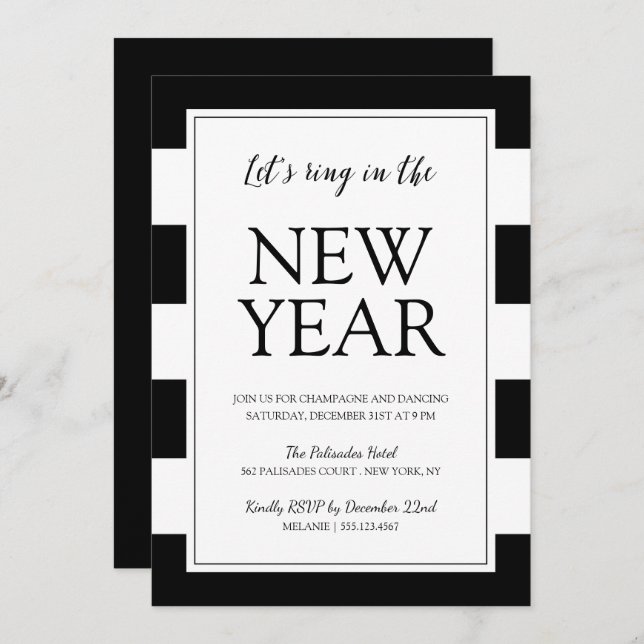 Modern Black and White New Year's Eve Party Invite (Front/Back)
