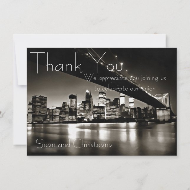 Modern Black and White New York at Night Thank You Card (Front)