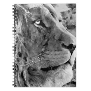 Modern black and white oil painting of king lion, notebook