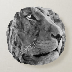 Modern black and white oil painting of king lion, round cushion