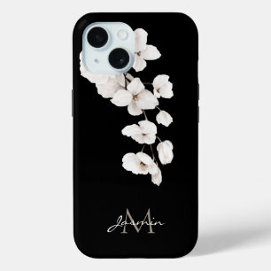 Modern Black and White Orchids Floral Monogram iPhone 15 Case
