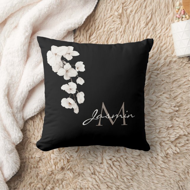 Modern Black and White Orchids Floral Monogram Cushion (Blanket)
