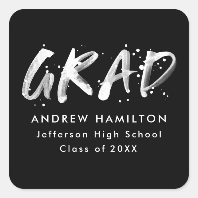 Modern Black and White Paint Splatter Graduation Square Sticker (Front)