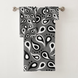 Modern Black and White Paisley On Grey Bath Towel Set
