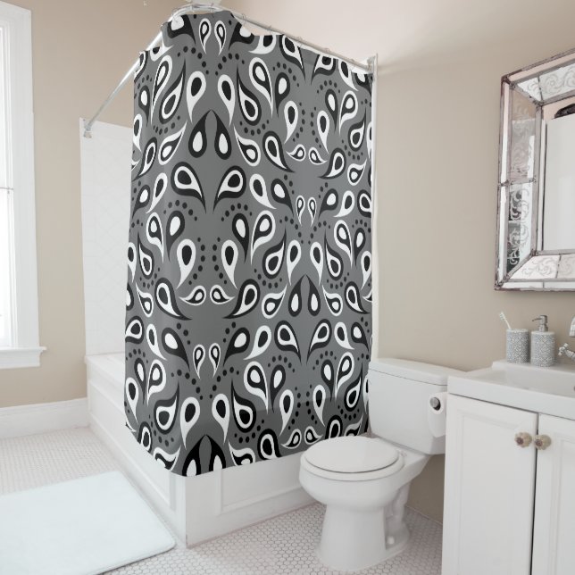 Modern Black and White Paisley On Grey Shower Curtain (In Situ)