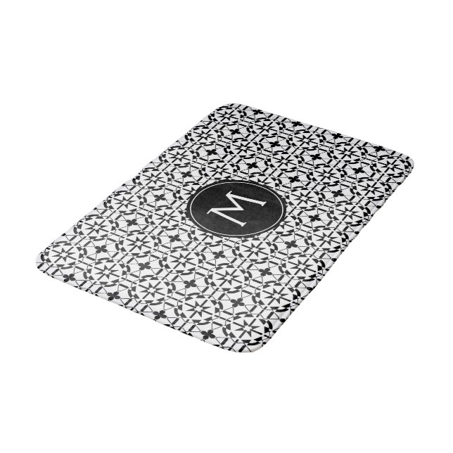 Modern Black and White Pattern Custom Monogram Bath Mat (Angled)