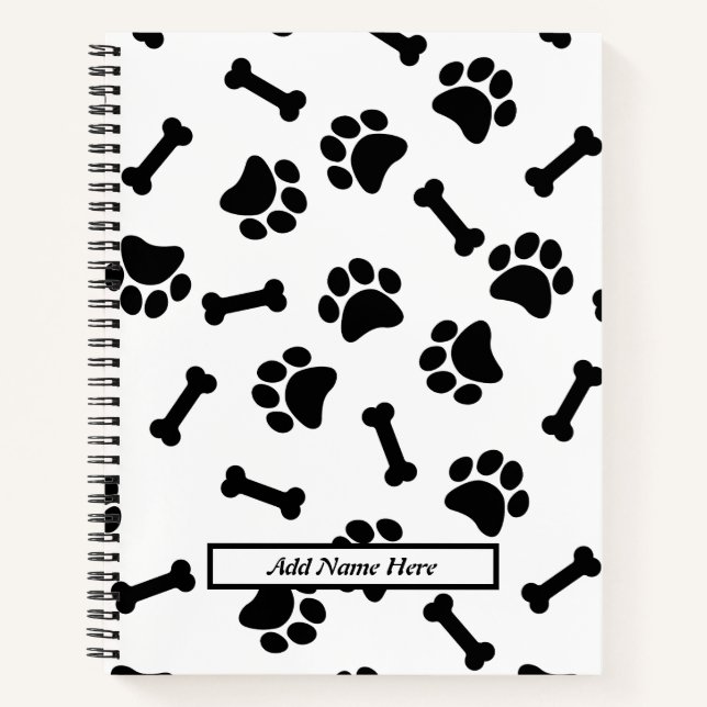 Modern Black and White Paw Print Customisable Name Notebook (Front)