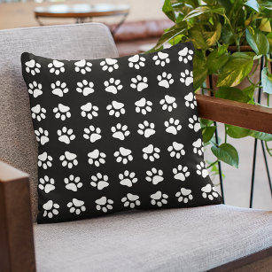 Modern Black and White Paw Print Pattern Cushion