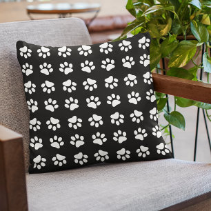 Modern Black and White Paw Print Pattern Cushion