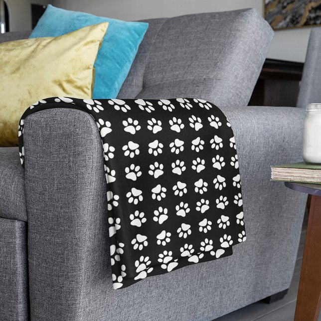 Modern Black and White Paw Print Pattern Fleece Blanket (Creator Uploaded)