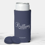 Modern Black and White Personalised Bridesmaids Se Seltzer Can Cooler<br><div class="desc">Modern Black and White Personalised Bridesmaids Gifts
featuring personalised bridesmaid's name in white elegant script font style with title in modern sans serif font style on navy blue background.

Also perfect for groomsmen,  best man,  father of the bride,  maid of honour,  flower girl,  mother of the bride and more.</div>