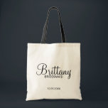Modern Black and White Personalised Bridesmaids Tote Bag<br><div class="desc">Modern Black and White Personalised Bridesmaids Gifts
featuring personalised bridesmaid's name in modern calligraphy font style with title and wedding date in modern sans serif font style.

Also perfect for Maid of Honour,  Flower Girl,  Mother of the Bride and more.</div>