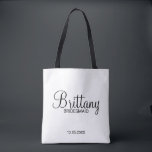 Modern Black and White Personalised Bridesmaids Tote Bag<br><div class="desc">Modern Black and White Personalised Bridesmaids Gifts
featuring personalised bridesmaid's name in modern calligraphy font style with title and wedding date in modern sans serif font style.

Also perfect for Maid of Honour,  Flower Girl,  Mother of the Bride and more.</div>