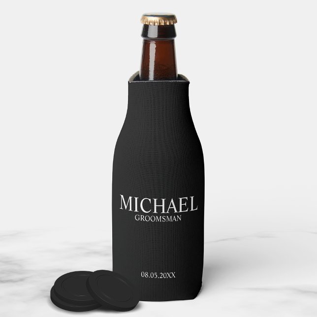 Modern Black and White Personalised Groomsman Bottle Cooler (Creator Uploaded)