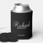 Modern Black and White Personalised Groomsman Can Cooler<br><div class="desc">Modern Black and White Personalised Groomsman Gifts
featuring personalised groomsman's name in white modern script font style with title and wedding date in modern sans serif font style on black background.

Also perfect for best man,  father of the bride,  bridesmaid,  maid of honour,  mother of the bride and more.</div>