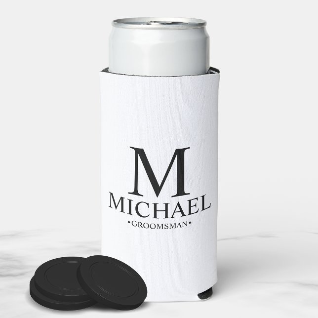 Modern Black and White Personalised Groomsman Can  Seltzer Can Cooler (Creator Uploaded)