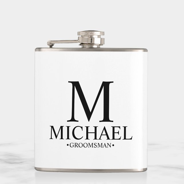 Modern Black and White Personalised Groomsman Hip Flask (Creator Uploaded)