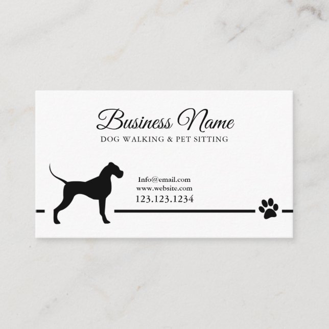 Modern Black and White Pet Silhouette Dog Walking Business Card (Front)