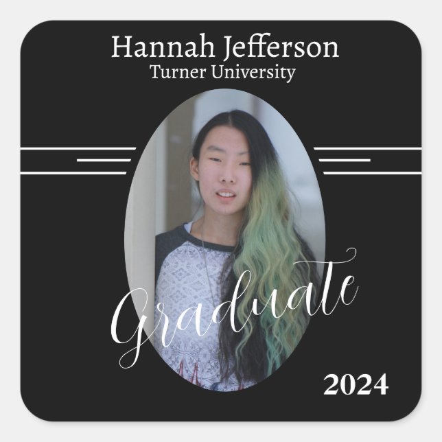 Modern Black and White Photo Graduation Square Sticker (Front)