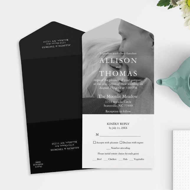 Modern Black And White Photo Meal Choice RSVP All In One Invitation (Simplify your wedding with our all-in-one invitation – convenience and beauty in a single card.)