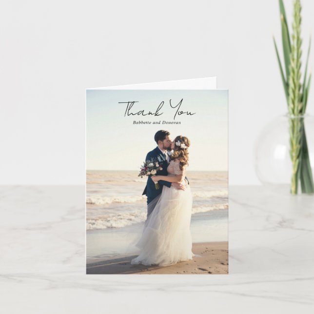 Modern Black and White Photo Minimalist Wedding Thank You Card (Front)