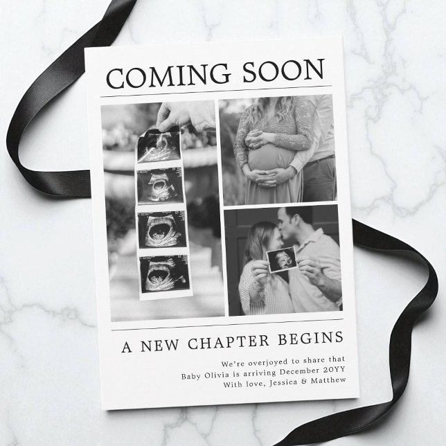 Modern Black and White Photo Newspaper Pregnancy Announcement (Modern Black and White Photo Newspaper Pregnancy Announcement)
