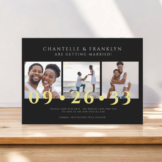 modern black and white photo save the date  invitation (modern unique save the date card featuring three photos for you to show off your love for eachother )