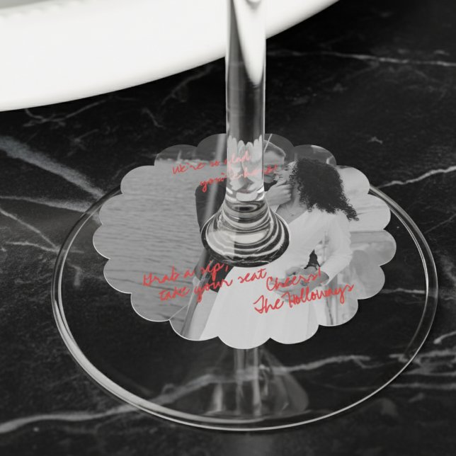 Modern Black and White Photo Wedding Wine Charm  (Add a personal touch to your champagne or wine wall with these scalloped photo wine charms!)