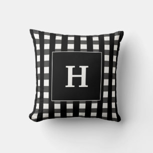 Modern Black And White Plaid Monogram Cushion